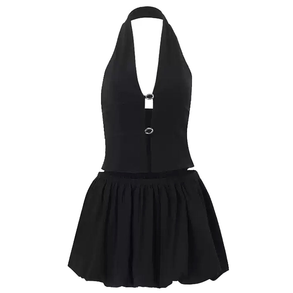 TWO-PIECE SET BLACK HALTER AND BUBBLE SKIRT WITH CUTOUT DETAILS