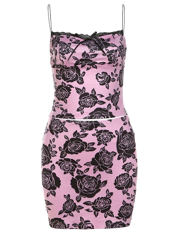 TWO-PIECE SET PINK FLORAL MINI SKIRT WITH LACE TRIM