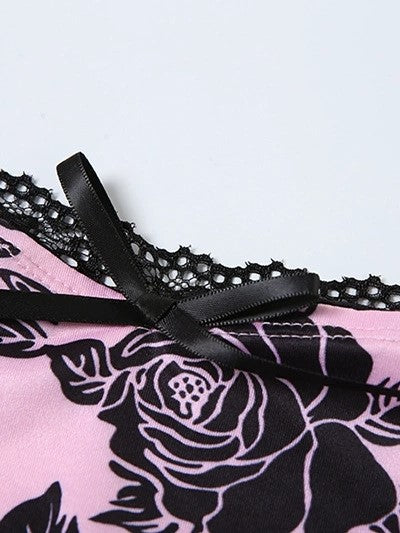 TWO-PIECE SET PINK FLORAL MINI SKIRT WITH LACE TRIM