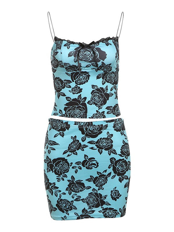 TWO-PIECE SET PINK FLORAL MINI SKIRT WITH LACE TRIM