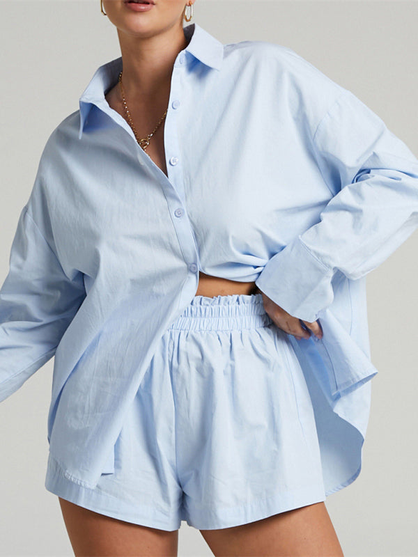 Two-piece Solid Color Single Breasted Long Sleeve Lapel Shirt Shorts Loose Fashion Casual Suit - Clear blue / S