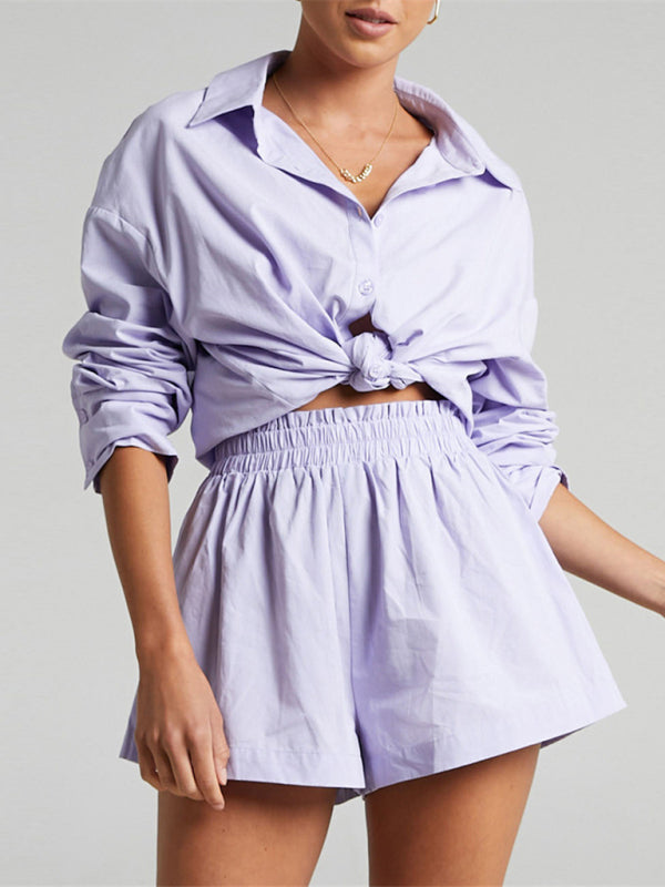 Two-piece Solid Color Single Breasted Long Sleeve Lapel Shirt Shorts Loose Fashion Casual Suit - Purple / S
