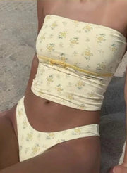 TWO-PIECE SWIMSUIT YELLOW CUTE FLORAL PATTERN