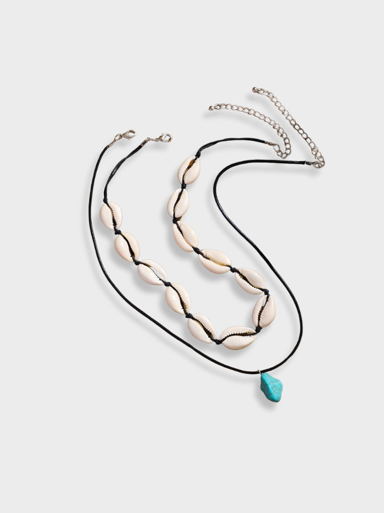 TWO-STRAND NECKLACE SET WITH STONE PENDANT FOR NATURAL ELEGANCE