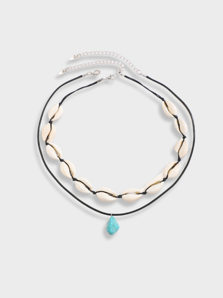 TWO-STRAND NECKLACE SET WITH STONE PENDANT FOR NATURAL ELEGANCE
