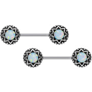 14G 5/8 White Synthetic Opal Lotus Flower Nipple Barbell Set