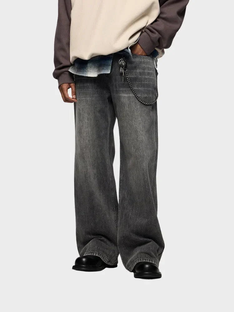 GRAY WIDE-LEG JEANS BAGGY DENIM JEANS