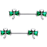 9/16 Green Gem Shamrock Heart Barbell Nipple Ring Set