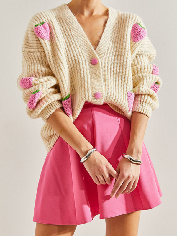 V-Neck Beige Strawberry Embellished Cardigan Knit Sweater - Cream / S