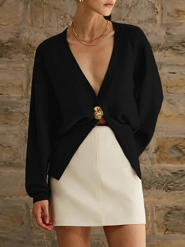 V-neck button-down cardigan - Black / S