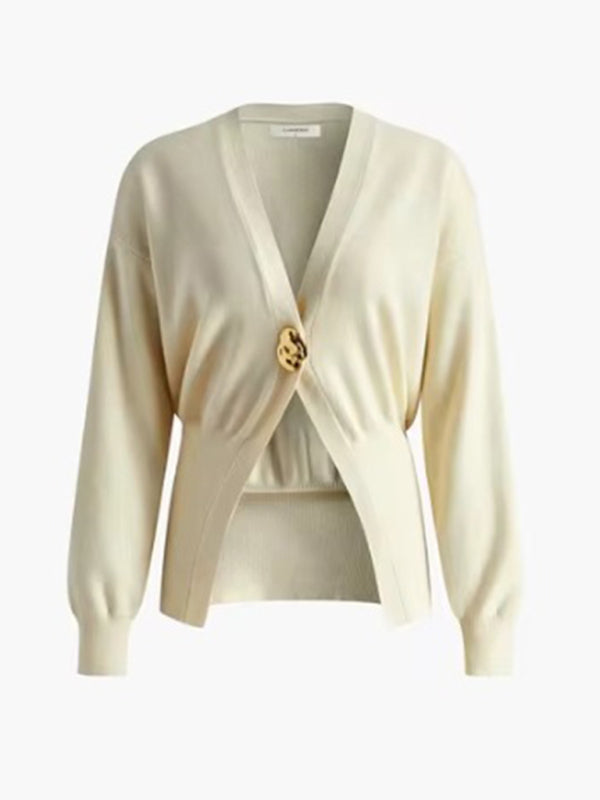 V-neck button-down cardigan - Cream / S
