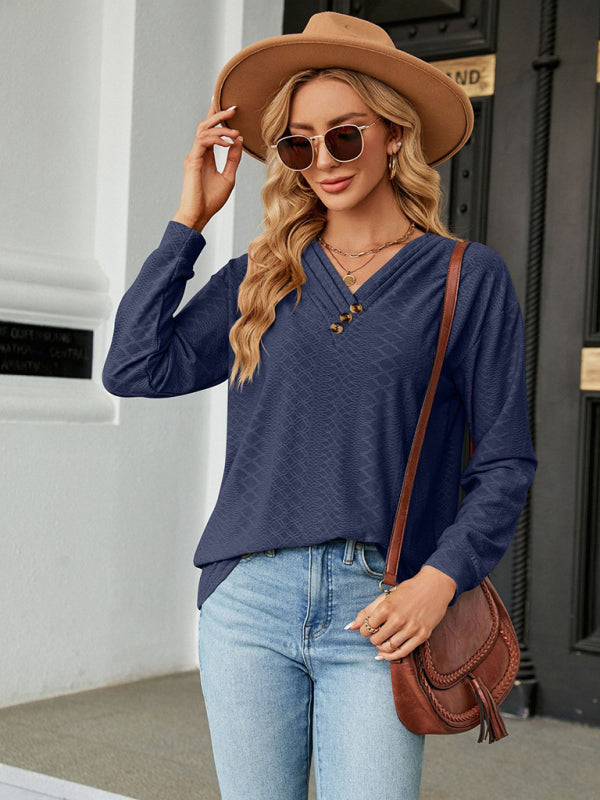 V Neck Button Loose Long Sleeve T-Shirt Top Women’s Clothes