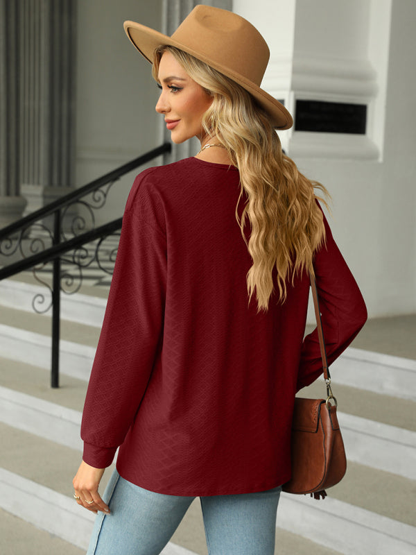 V Neck Button Loose Long Sleeve T-Shirt Top Women’s Clothes