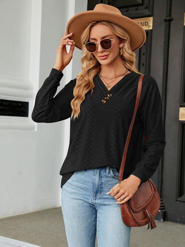 V Neck Button Loose Long Sleeve T-Shirt Top Women’s Clothes