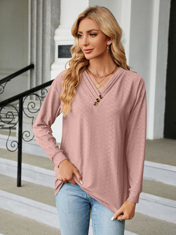 V Neck Button Loose Long Sleeve T-Shirt Top Women’s Clothes
