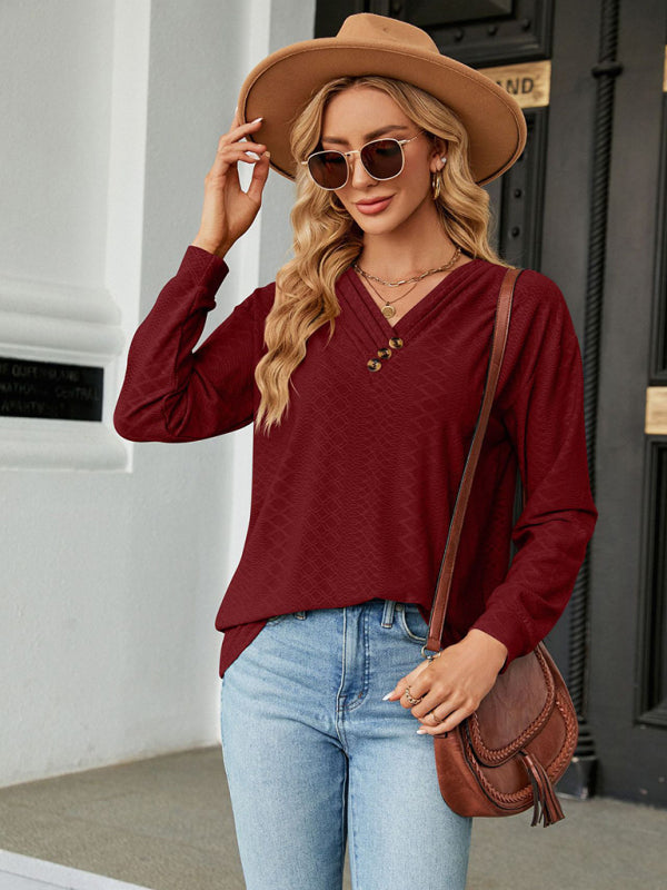 V Neck Button Loose Long Sleeve T-Shirt Top Women’s Clothes