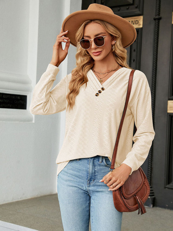 V Neck Button Loose Long Sleeve T-Shirt Top Women’s Clothes