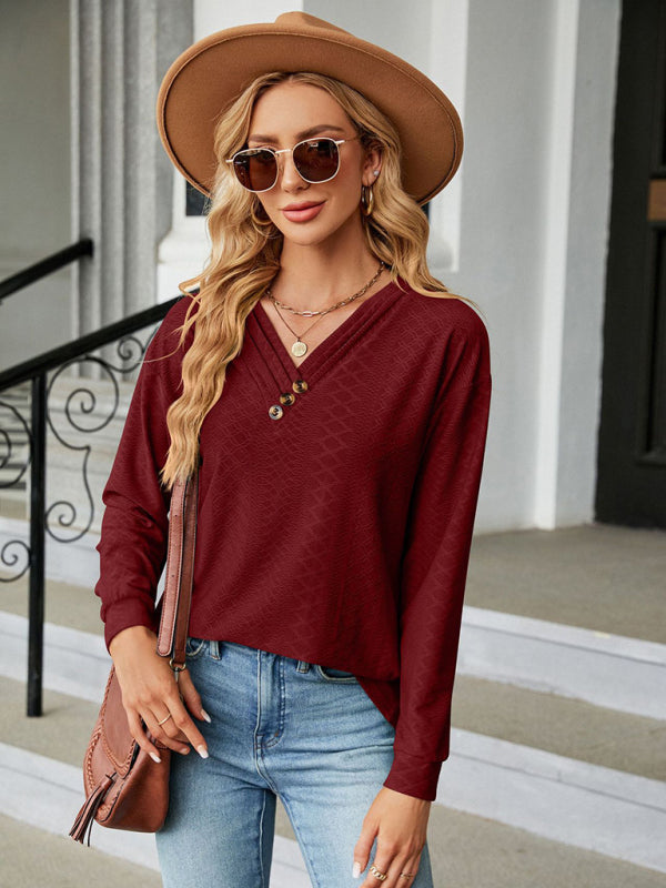 V Neck Button Loose Long Sleeve T-Shirt Top Women’s Clothes - Wine Red / S