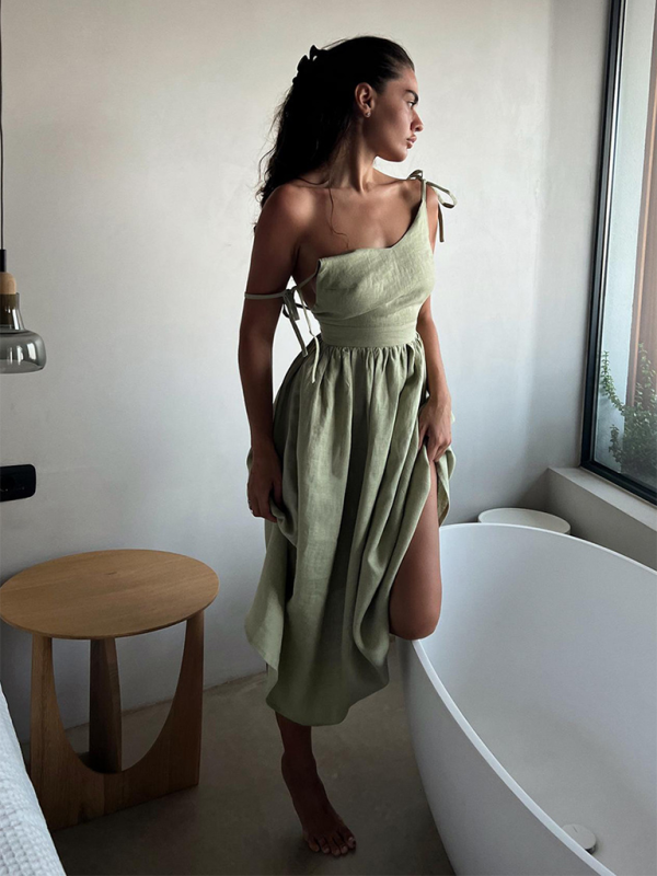 V-neck elegant sexy strappy backless suspender long dress - Green / S