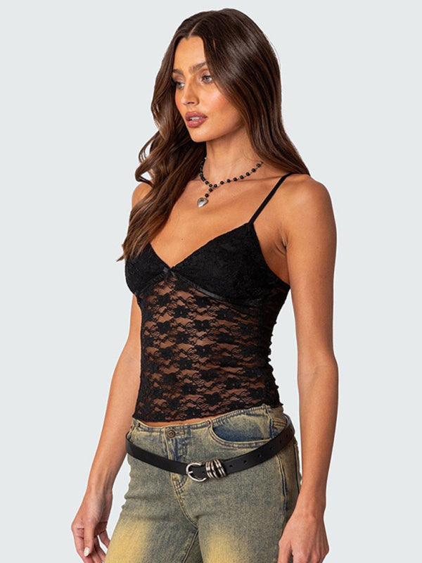 V-neck halter chest bow vest slim see-through sexy backless top - Black / S