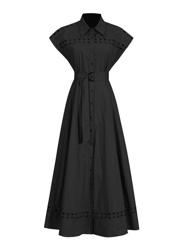 V-neck hollow lace-up slim lapel shirt dress