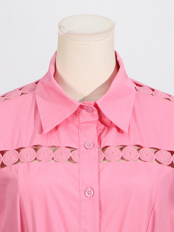 V-neck hollow lace-up slim lapel shirt dress