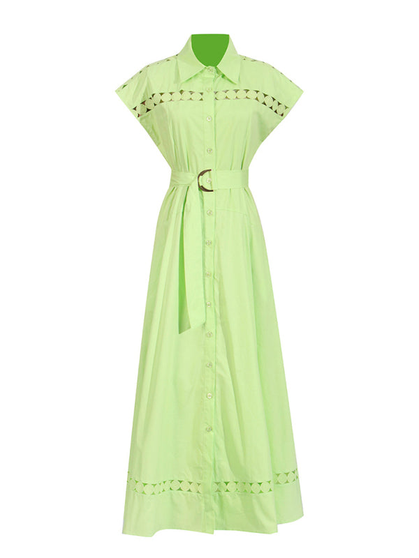 V-neck hollow lace-up slim lapel shirt dress