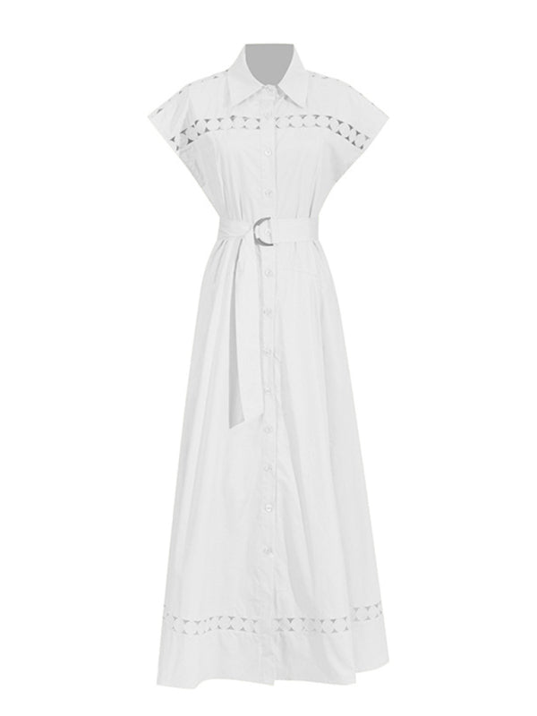 V-neck hollow lace-up slim lapel shirt dress