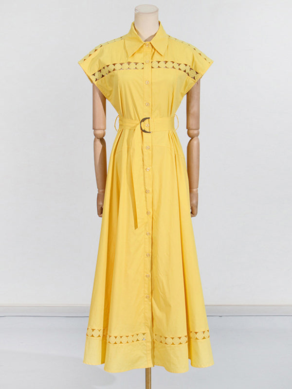 V-neck hollow lace-up slim lapel shirt dress