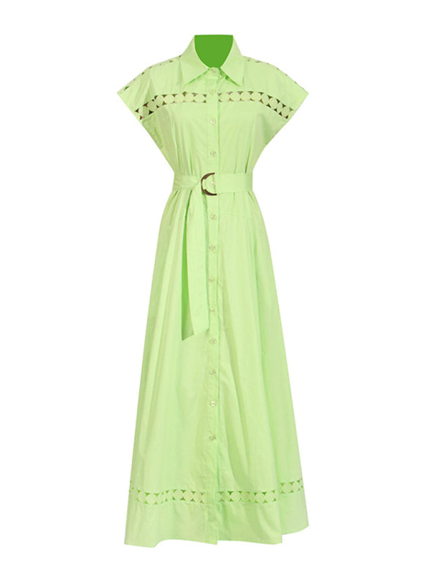 V-neck hollow lace-up slim lapel shirt dress