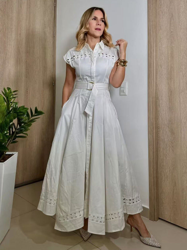 V-neck hollow lace-up slim lapel shirt dress