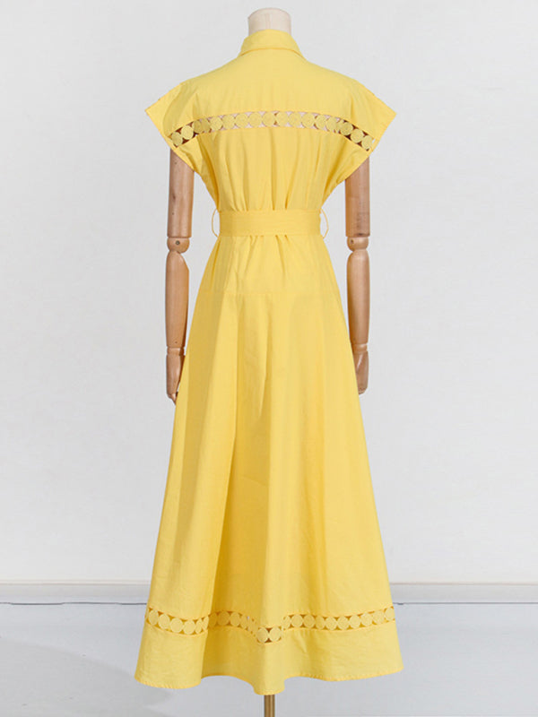 V-neck hollow lace-up slim lapel shirt dress