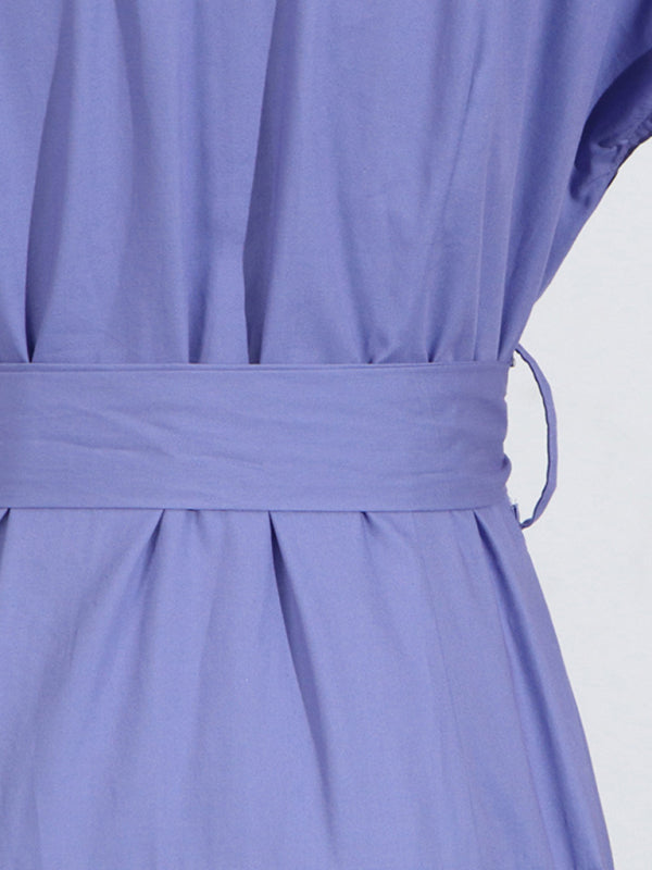 V-neck hollow lace-up slim lapel shirt dress