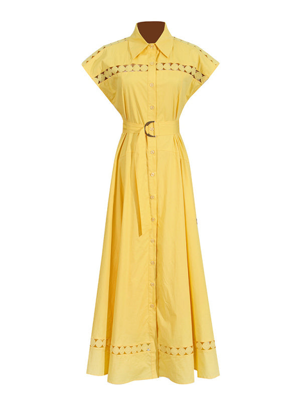 V-neck hollow lace-up slim lapel shirt dress