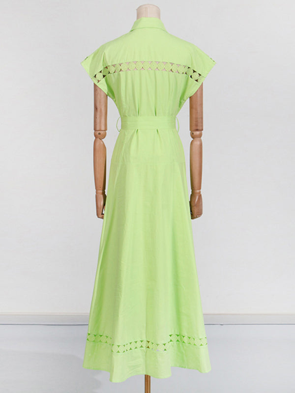 V-neck hollow lace-up slim lapel shirt dress