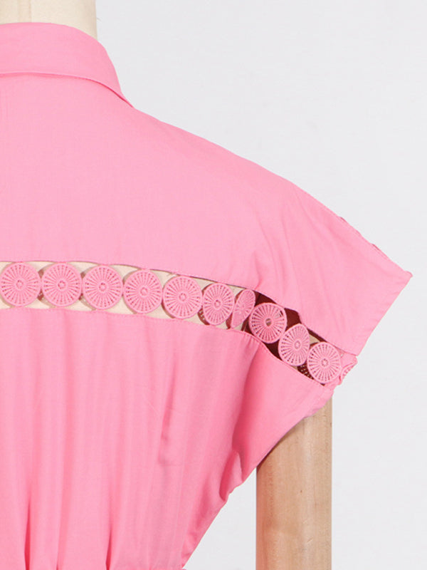 V-neck hollow lace-up slim lapel shirt dress