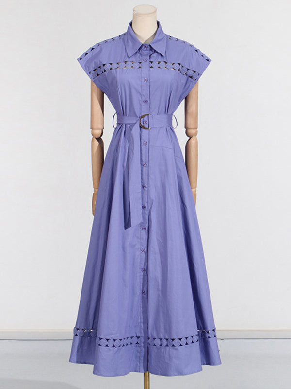 V-neck hollow lace-up slim lapel shirt dress - Blue / S