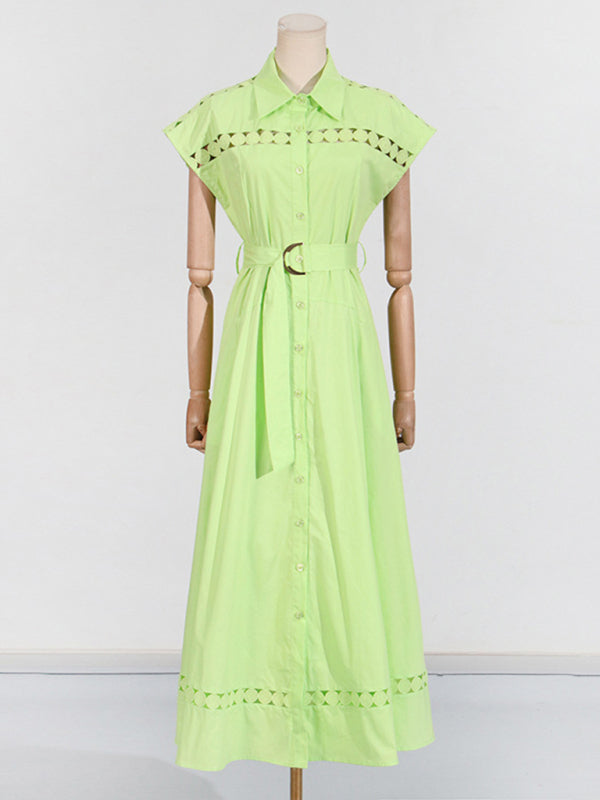 V-neck hollow lace-up slim lapel shirt dress - Green / S