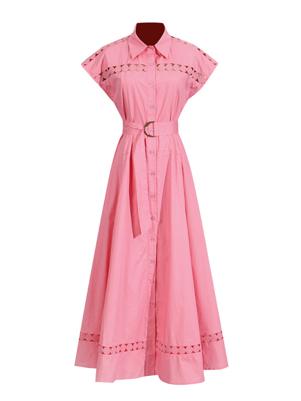 V-neck hollow lace-up slim lapel shirt dress - Pink / S