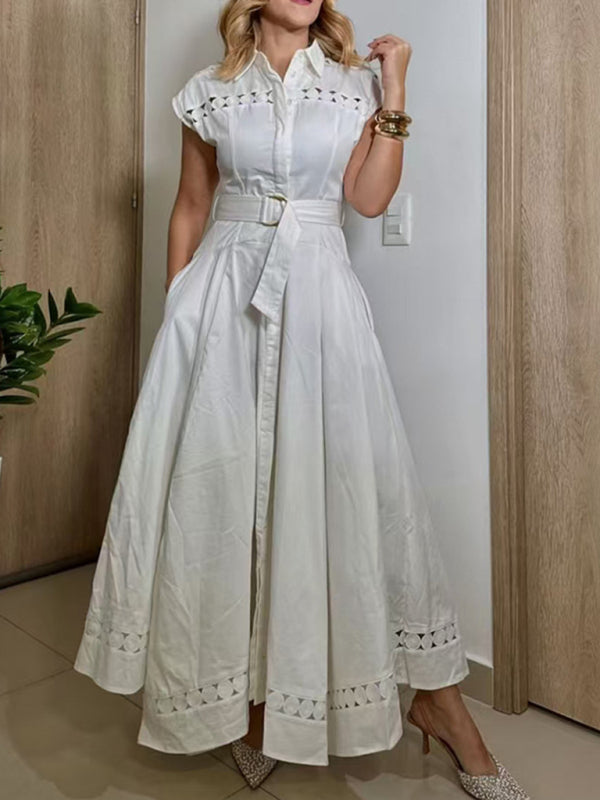 V-neck hollow lace-up slim lapel shirt dress - White / S