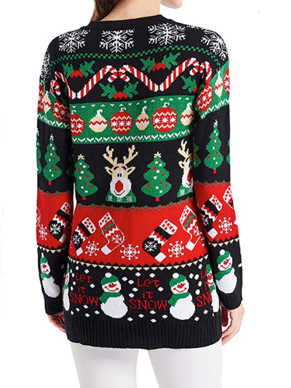 V-Neck Jacquard Christmas Drop-Sleeve Sweater