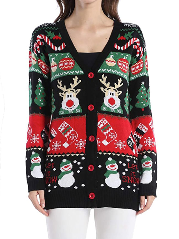 V-Neck Jacquard Christmas Drop-Sleeve Sweater - Pattern / S