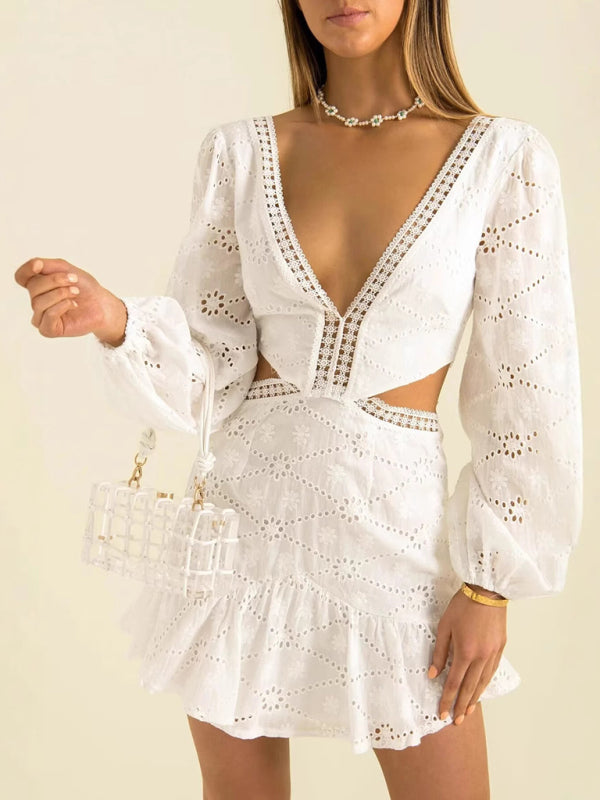V-neck lace waist open dress - White / S