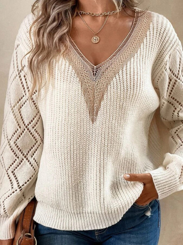 V-neck loose casual pullover women’s sweater - White / S