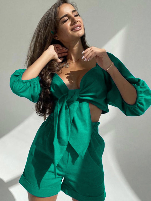 V-Neck Puff Sleeve Rayon Shorts Set - Green / S