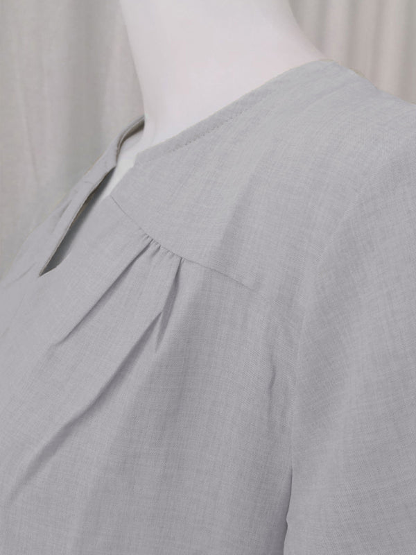 V-Neck Rolled Short Sleeve Gathered Curved Linen Dress - Grey / S