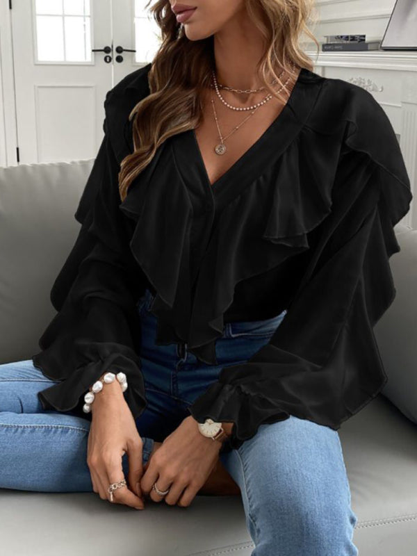 V Neck Ruffle Top Shirt Long Sleeves - Black / S