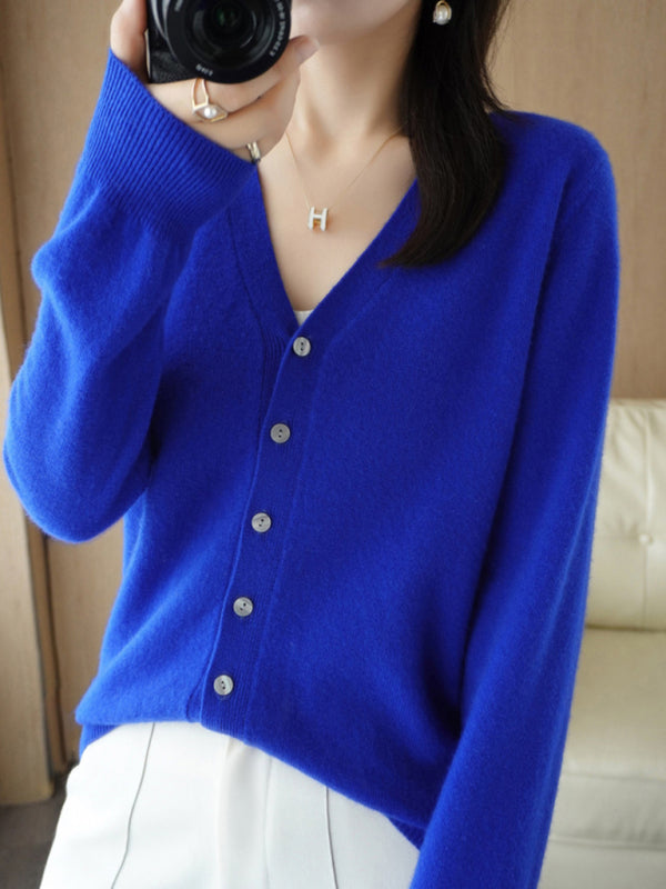 V-neck solid color short knitted cardigan coat sweater - Royal blue / S