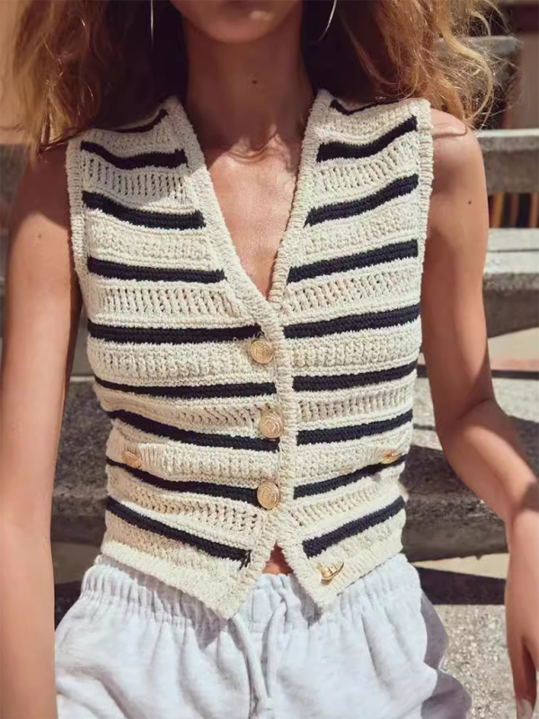 V-neck striped knitted vest - Stripe / S