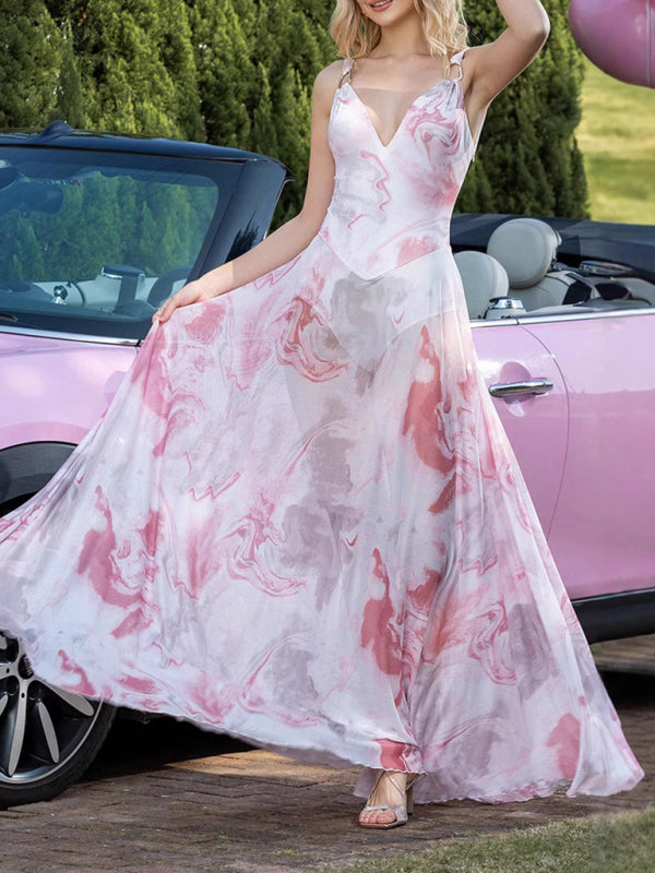 V-neck suspenders mesh print semi-transparent V-neck long dress - Pastel pink / S